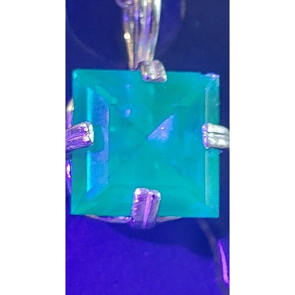 Large 12mm rare teal square uranium rhinestone set in sterling 20" 925 chain - Picture 6 of 12